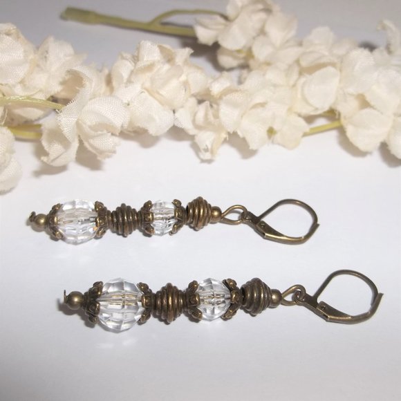 Boho Earring Set Clear and Brown Bronze Bohemian Style Rustic Dangle Gift 6973 - Picture 4 of 8